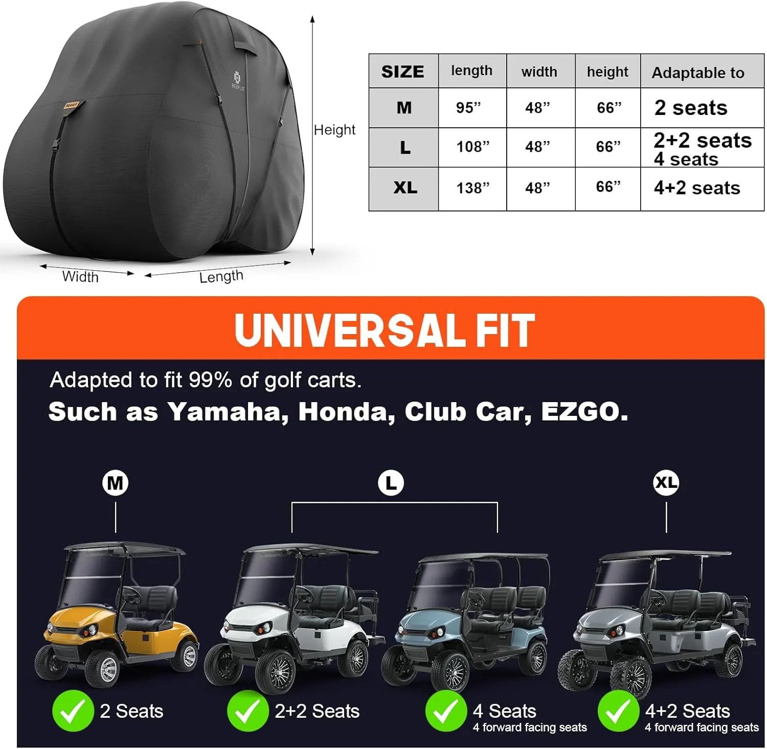 2 2/4 Passenger Golf Cart Cover Fits for Yamaha EZGO Club Car, 420D Waterproof Durable Polyester Golf Cart Cover with 2 Zipper Doors - Black