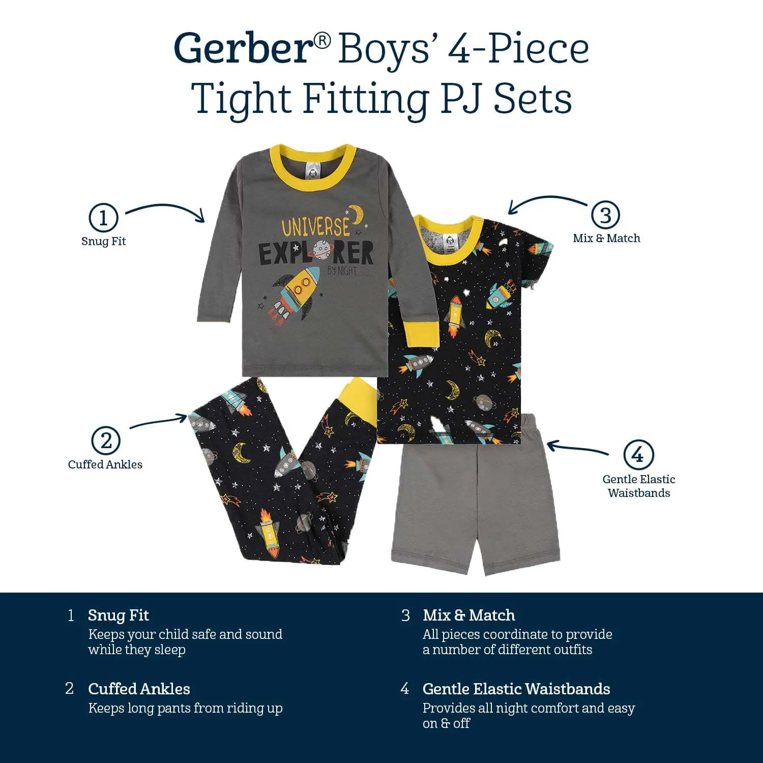 4-Piece Infant & Toddler Boys Blast Off Snug Fit Cotton Pajamas