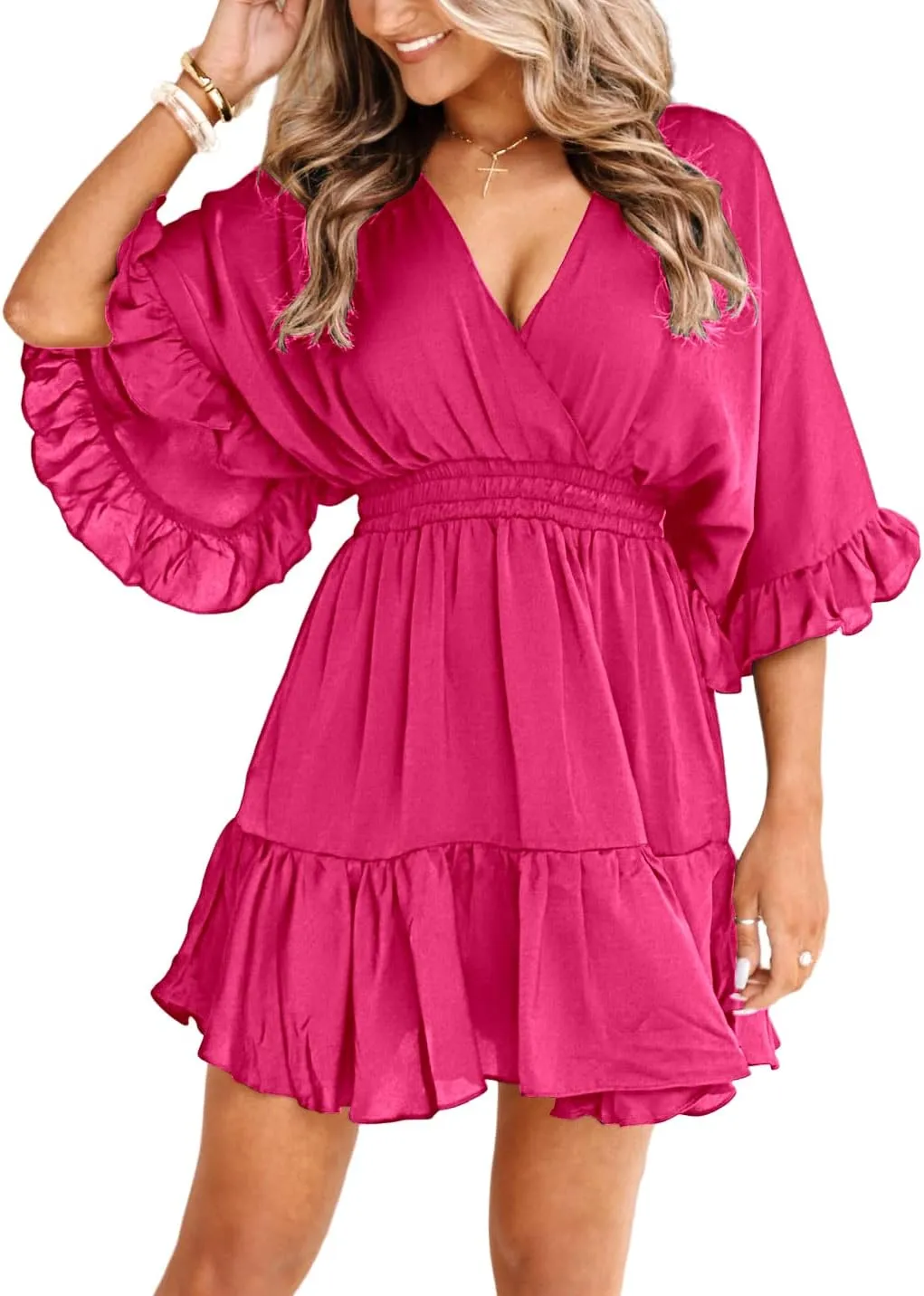 Aoysky Womens V Neck Casual Dresses Summer Loose High Waist Ruffle Pleated Cute Mini Short Dress