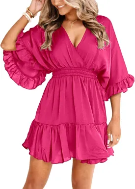 Aoysky Womens V Neck Casual Dresses Summer Loose High Waist Ruffle Pleated Cute Mini Short Dress