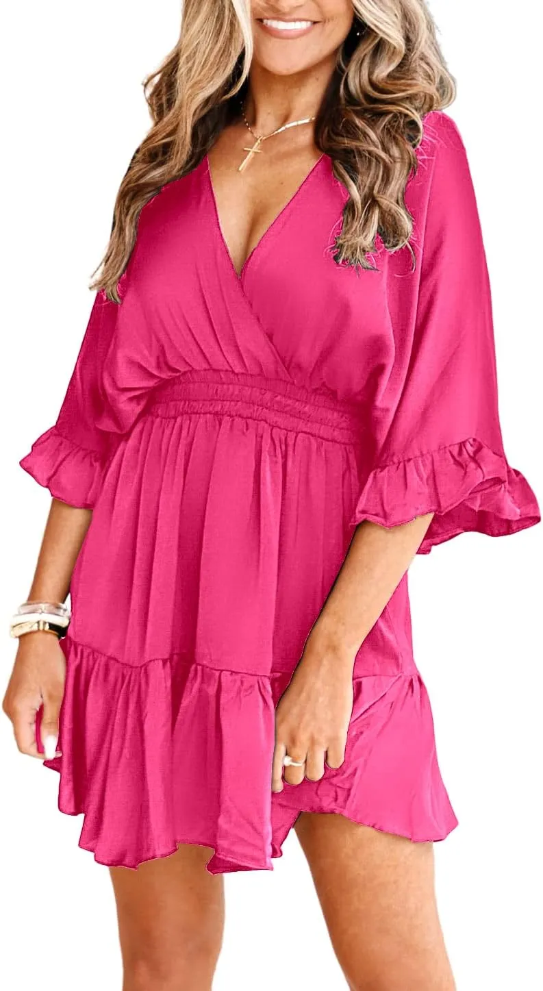Aoysky Womens V Neck Casual Dresses Summer Loose High Waist Ruffle Pleated Cute Mini Short Dress