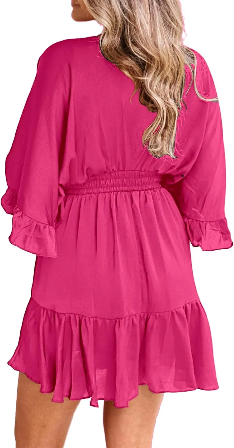 Aoysky Womens V Neck Casual Dresses Summer Loose High Waist Ruffle Pleated Cute Mini Short Dress