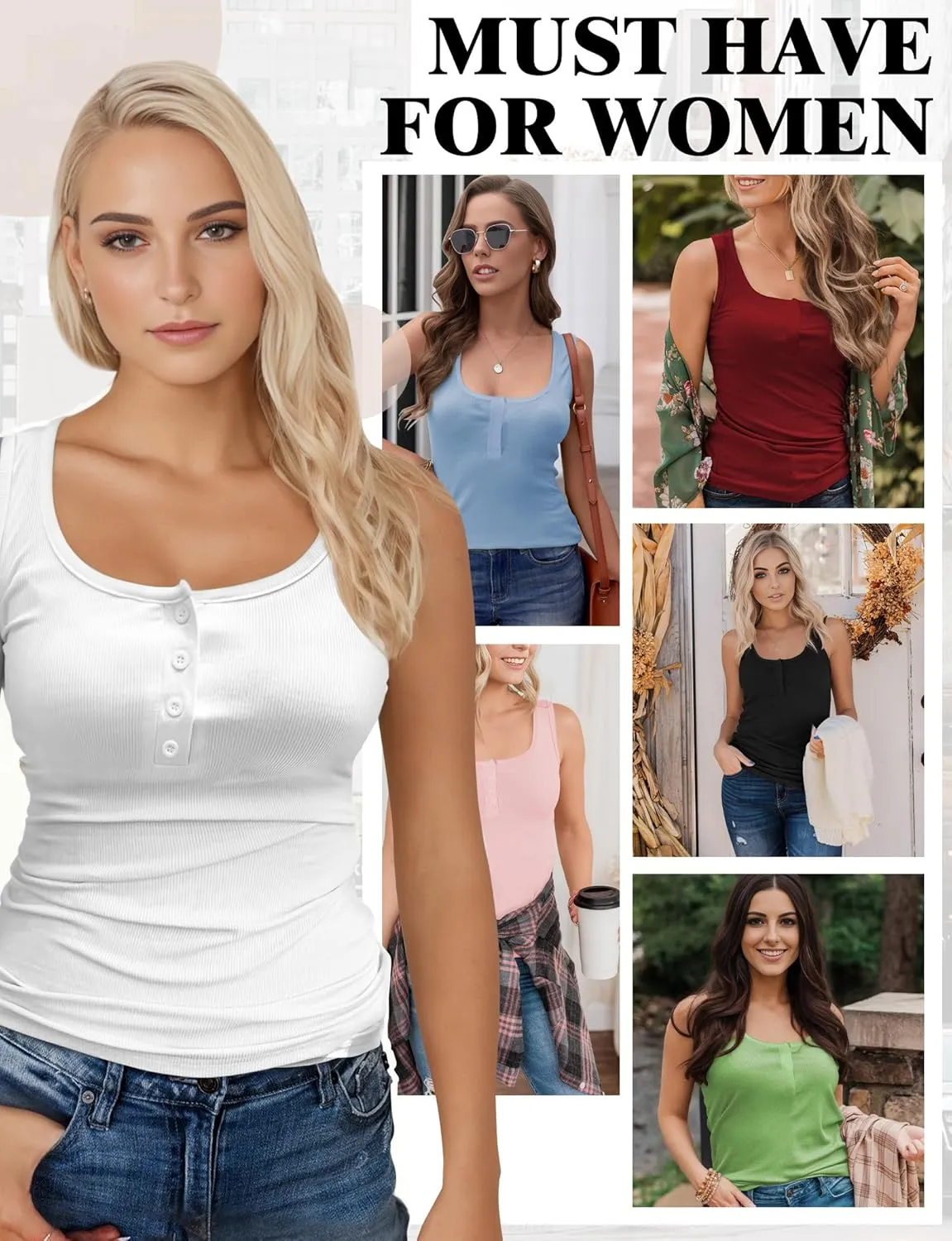 AURUZA Tank Top for Women, Sleeveless Henley Tank Tops for Women, Ribbed Basic Tank Tops, Solid Cami Casual Summer Tops Shirt