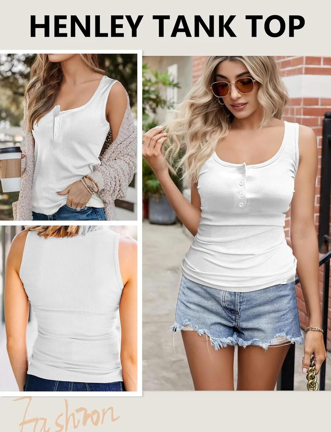AURUZA Tank Top for Women, Sleeveless Henley Tank Tops for Women, Ribbed Basic Tank Tops, Solid Cami Casual Summer Tops Shirt
