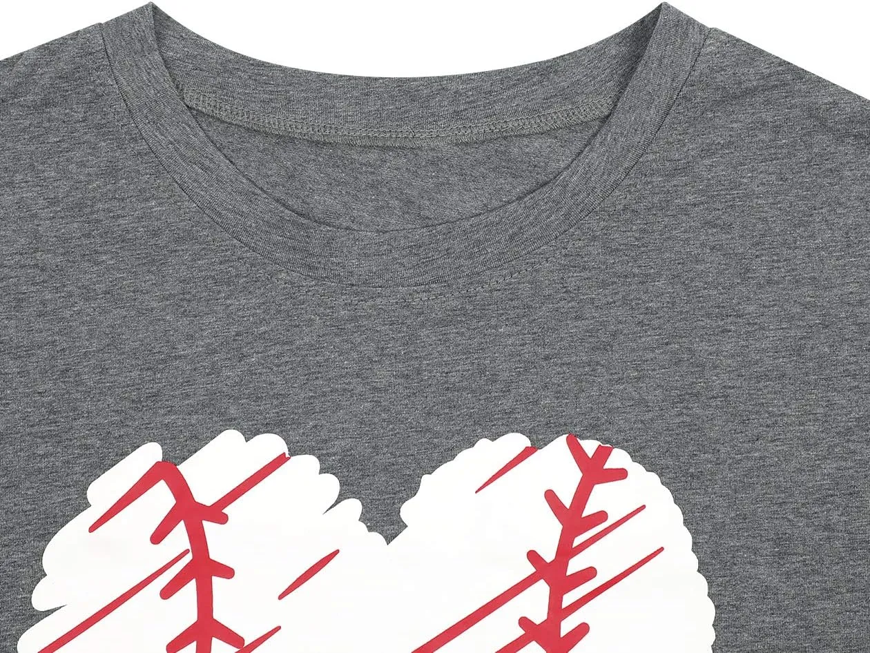 Baseball Shirt Women Baseball Heart Tee Shirts Baseball Mom Tshirt Game Day Casual Crew Neck Short Sleeve Tops