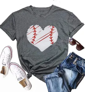 Baseball Shirt Women Baseball Heart Tee Shirts Baseball Mom Tshirt Game Day Casual Crew Neck Short Sleeve Tops