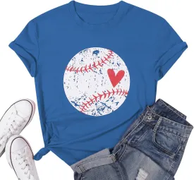 Baseball Shirt Women Baseball Heart Tee Shirts Baseball Mom Tshirt Game Day Casual Crew Neck Short Sleeve Tops