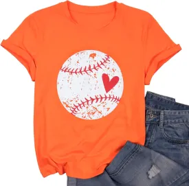 Baseball Shirt Women Baseball Heart Tee Shirts Baseball Mom Tshirt Game Day Casual Crew Neck Short Sleeve Tops