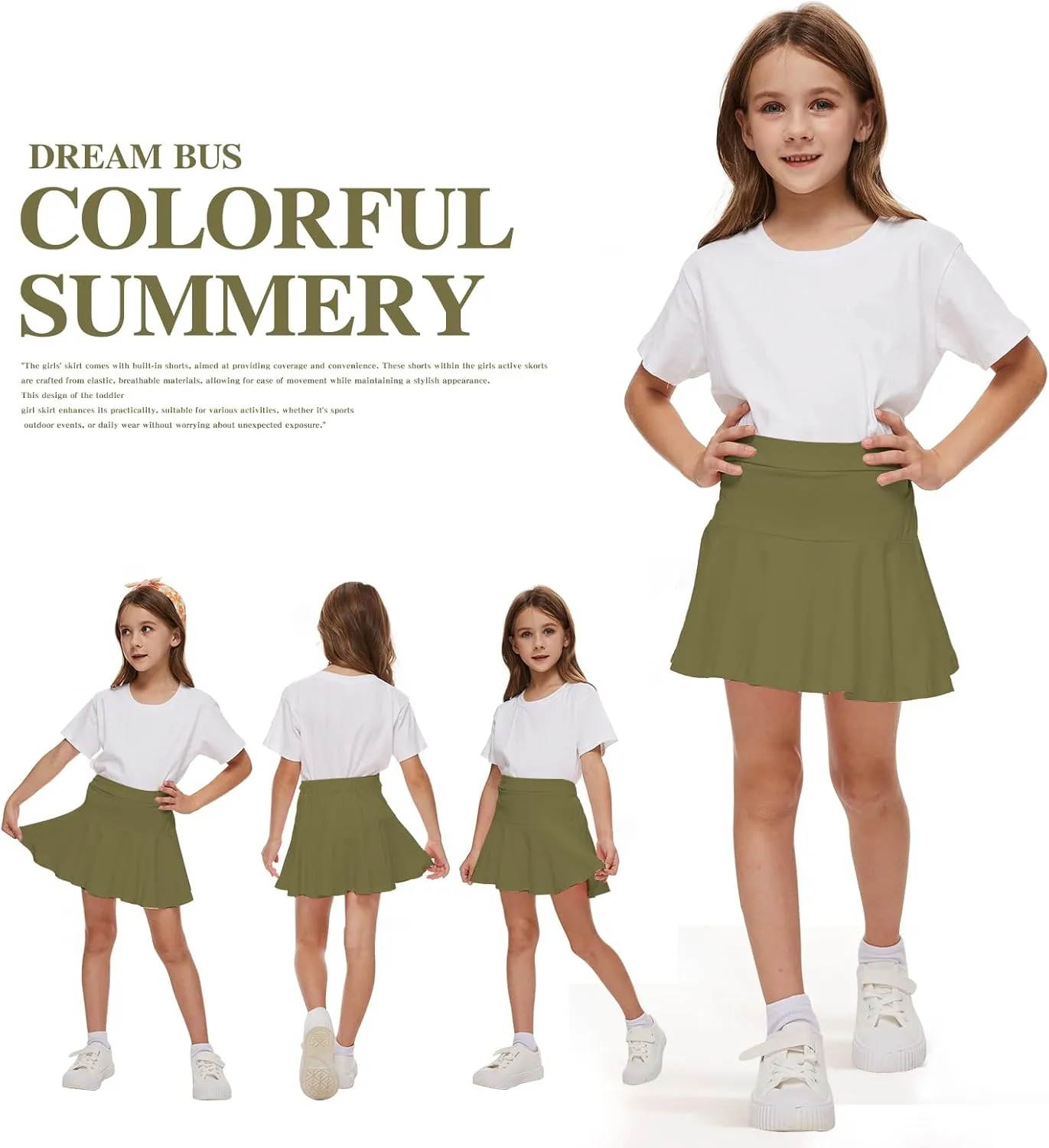 DREAM BUS 2 Pack Girl Pleated Skirts Built in Shorts Little Kid Tennis Skorts Toddler Girl Athletic Flowy Skorts Skirts