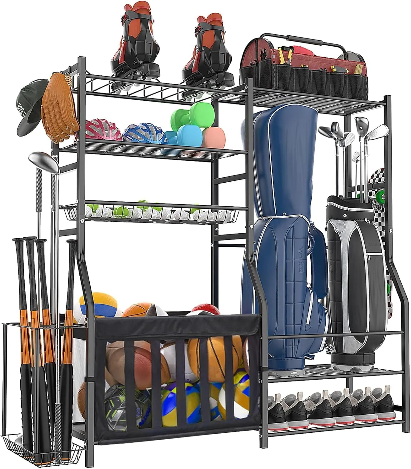 Garage Sports Equipment Organizer, Strong Load Bearing Golf Bag Organizer, Multi Use Golf Ball Rack Basketball Rack for Sports Gear and Outdoor Toy Ball Storage