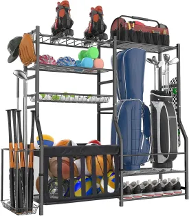 Garage Sports Equipment Organizer, Strong Load Bearing Golf Bag Organizer, Multi Use Golf Ball Rack Basketball Rack for Sports Gear and Outdoor Toy Ball Storage