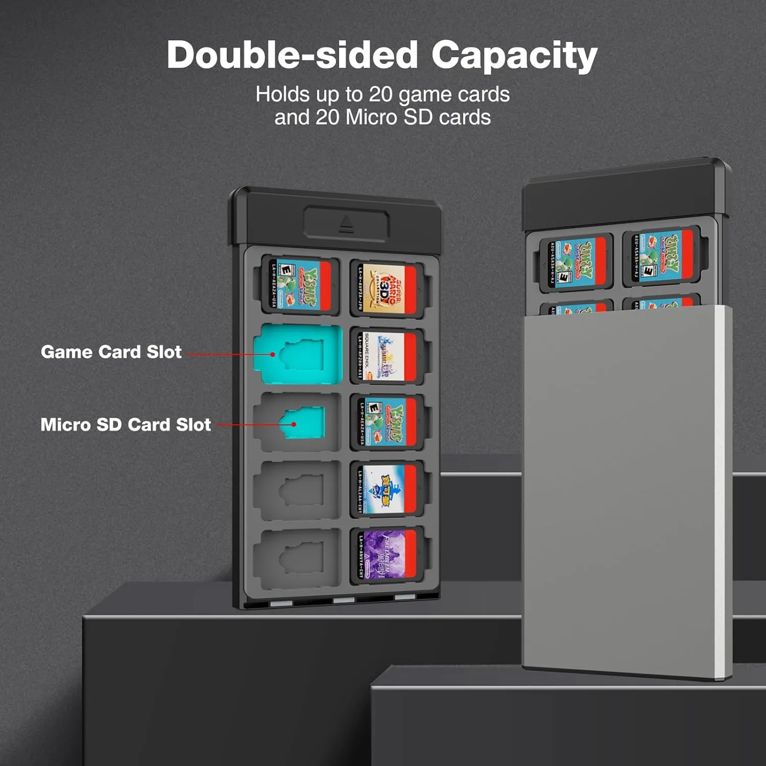 HEIYING Game Card Case for Switch/OLED/Lite Games Cards, Metal Game Storage Holder with 20 Games Card Slots and 20 Micro SD Cards Slots