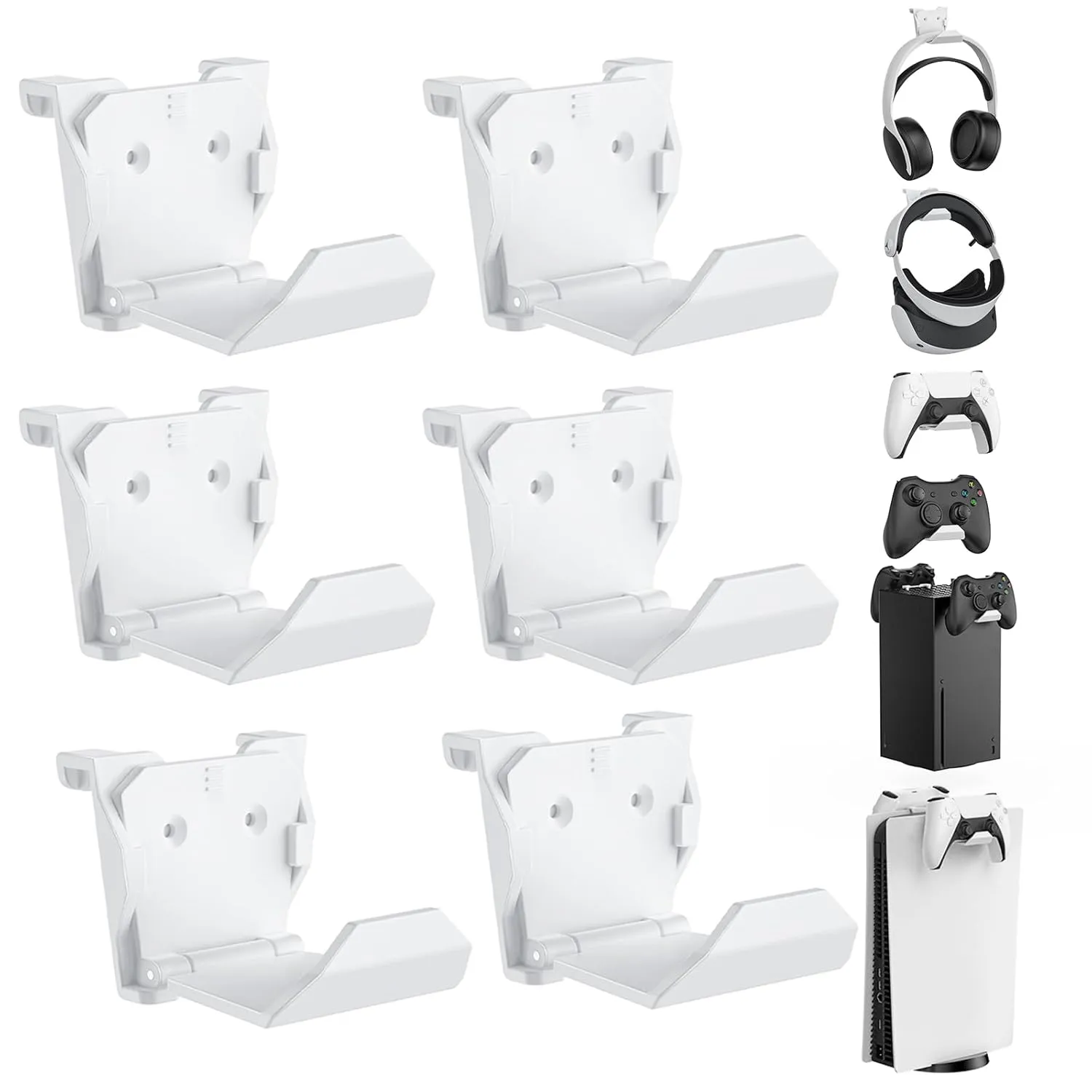 KUNSLUCK 6 Pack Controller Wall Mount for PS5, Xbox, Switch Controller, Wall Mount Stand for Controller&Headset, Adhesive/Screws Installation (White)