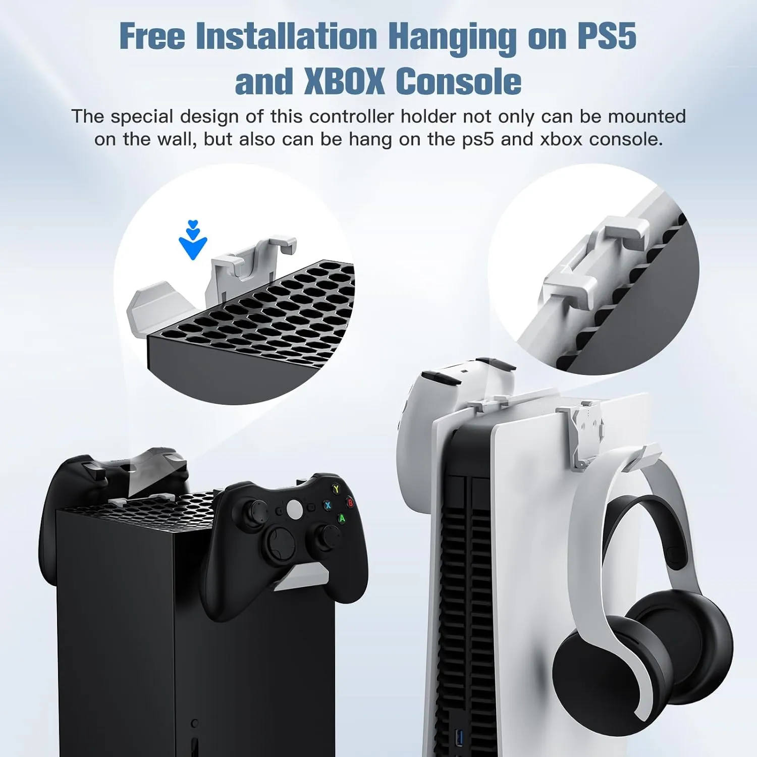 KUNSLUCK 6 Pack Controller Wall Mount for PS5, Xbox, Switch Controller, Wall Mount Stand for Controller&Headset, Adhesive/Screws Installation (White)