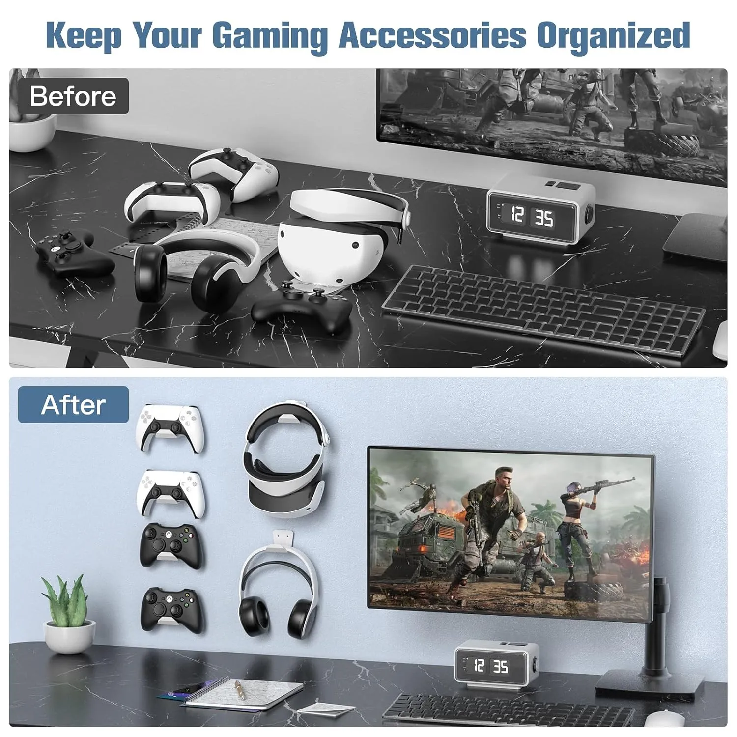 KUNSLUCK 6 Pack Controller Wall Mount for PS5, Xbox, Switch Controller, Wall Mount Stand for Controller&Headset, Adhesive/Screws Installation (White)