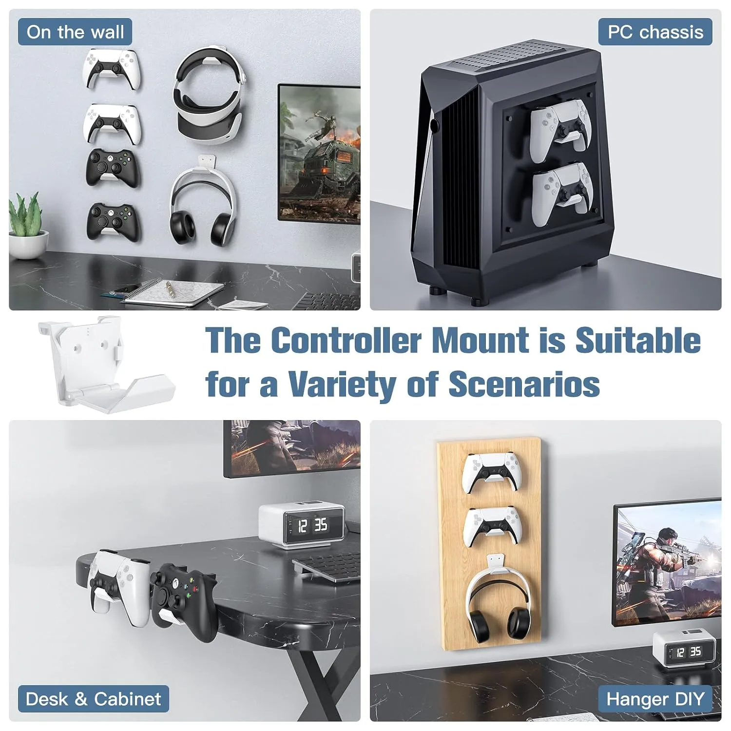 KUNSLUCK 6 Pack Controller Wall Mount for PS5, Xbox, Switch Controller, Wall Mount Stand for Controller&Headset, Adhesive/Screws Installation (White)