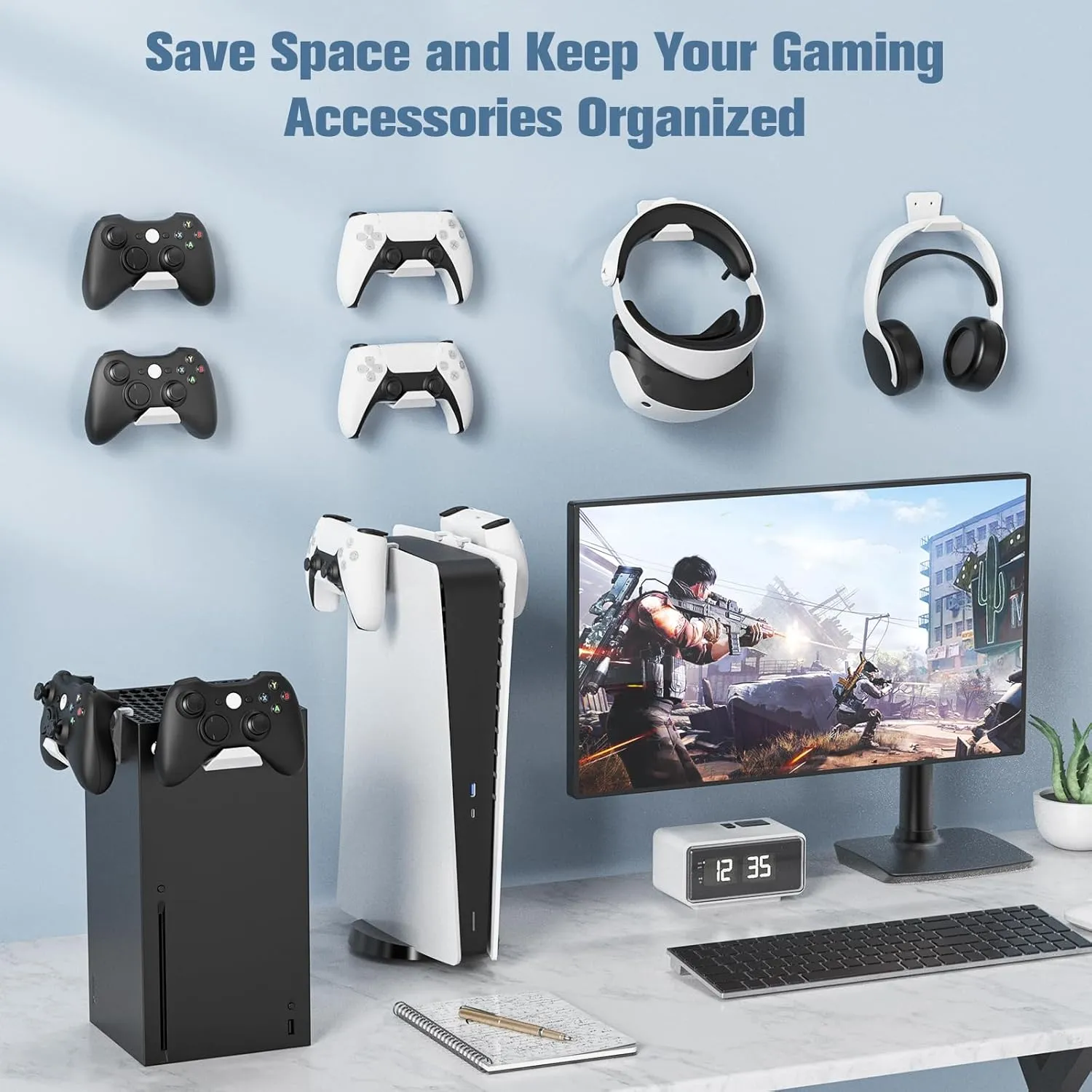KUNSLUCK 6 Pack Controller Wall Mount for PS5, Xbox, Switch Controller, Wall Mount Stand for Controller&Headset, Adhesive/Screws Installation (White)