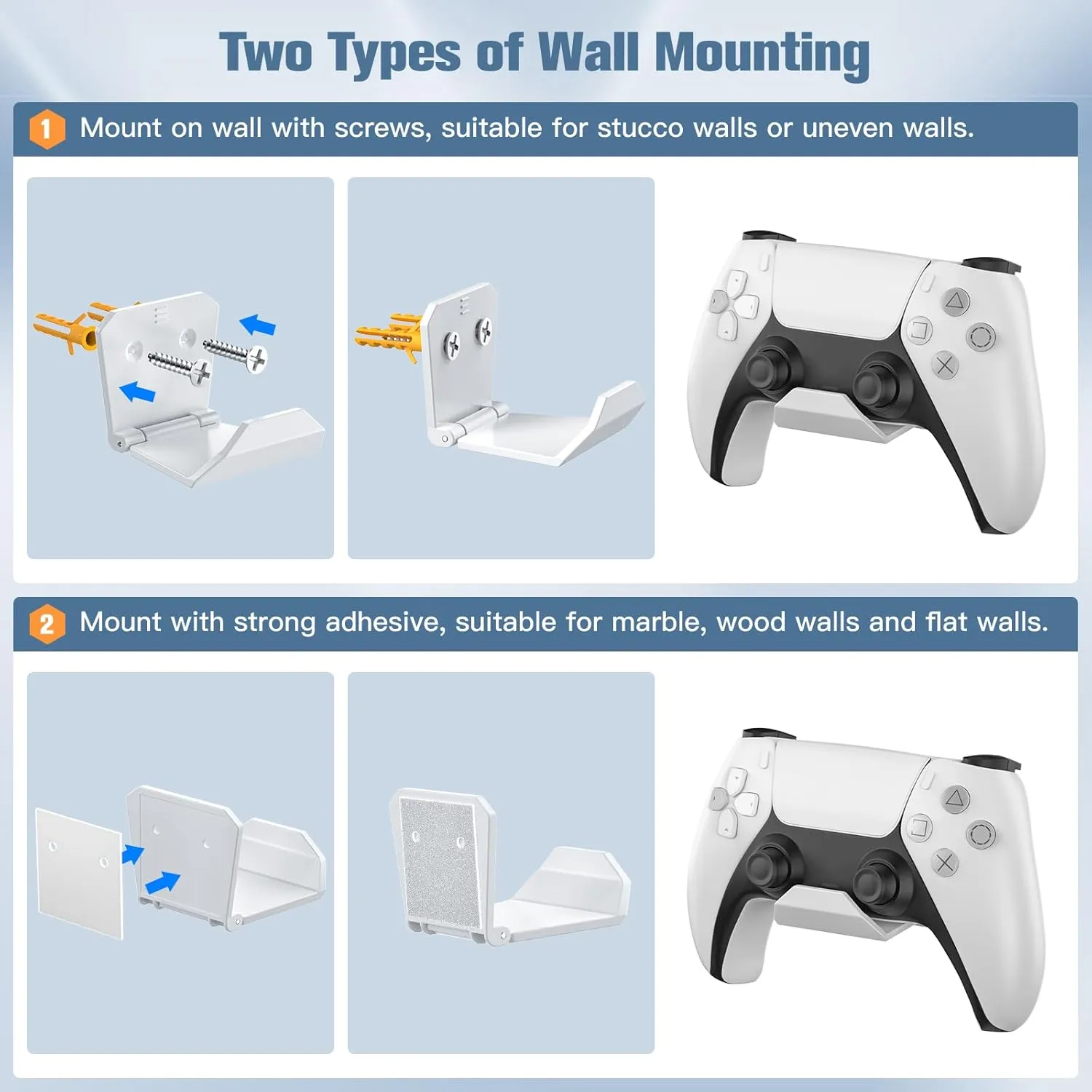 KUNSLUCK 6 Pack Controller Wall Mount for PS5, Xbox, Switch Controller, Wall Mount Stand for Controller&Headset, Adhesive/Screws Installation (White)