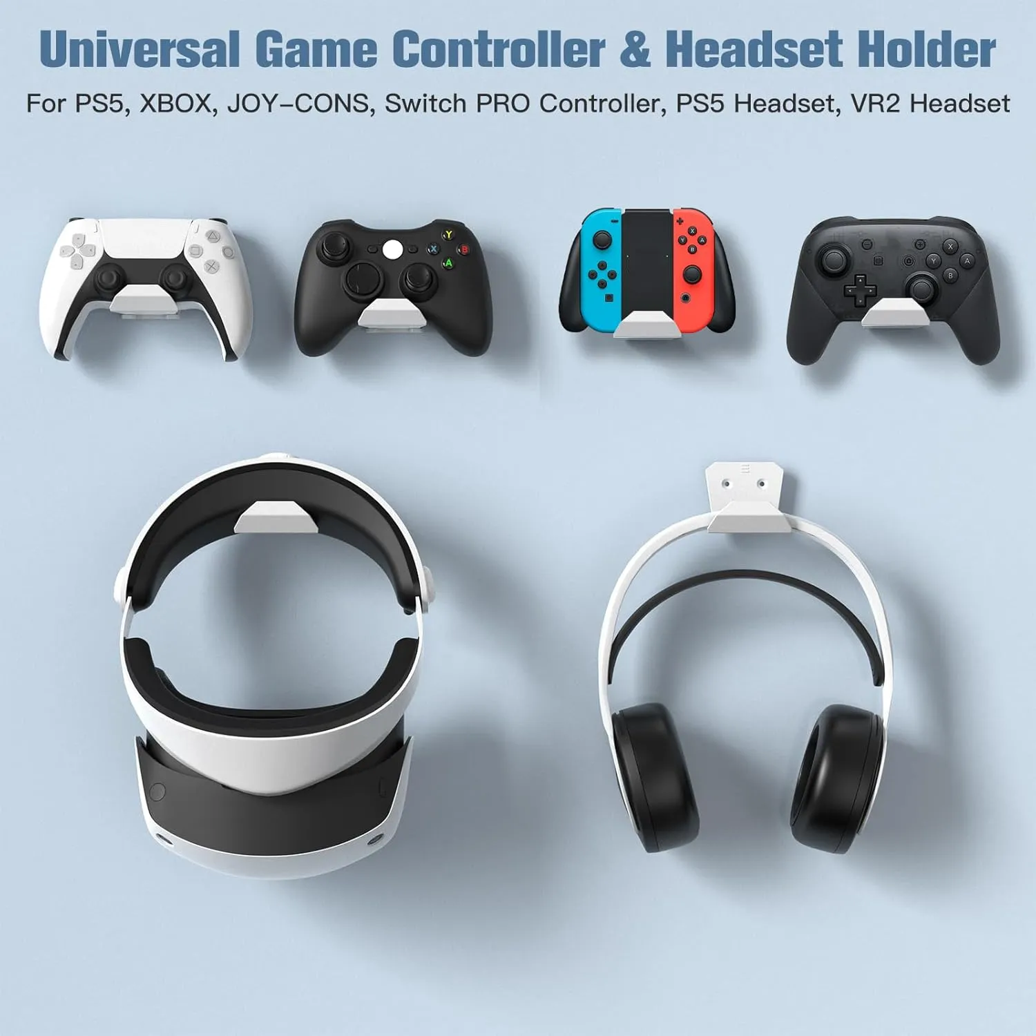 KUNSLUCK 6 Pack Controller Wall Mount for PS5, Xbox, Switch Controller, Wall Mount Stand for Controller&Headset, Adhesive/Screws Installation (White)