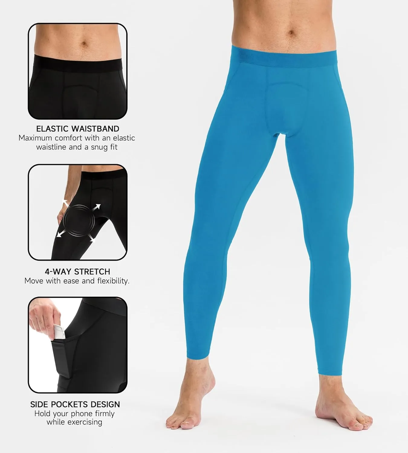 Men's Athletic Leggings Workout Compression Pants with Pockets Cool Dry Base Layer Active Tights for Cycling Running