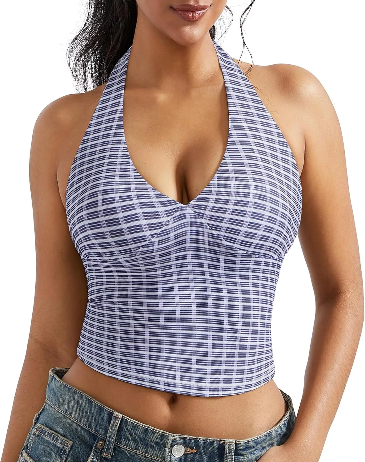 OMKAGI Womens Tank Tops Sexy Halter V Neck Going Out Tops Sleeveless Y2K Crop Top