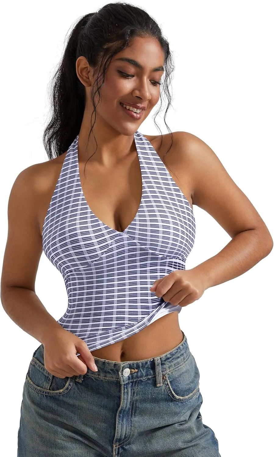 OMKAGI Womens Tank Tops Sexy Halter V Neck Going Out Tops Sleeveless Y2K Crop Top