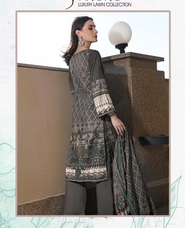 Pakistani Style Unstitched Grey Lawn Cotton Suit Material