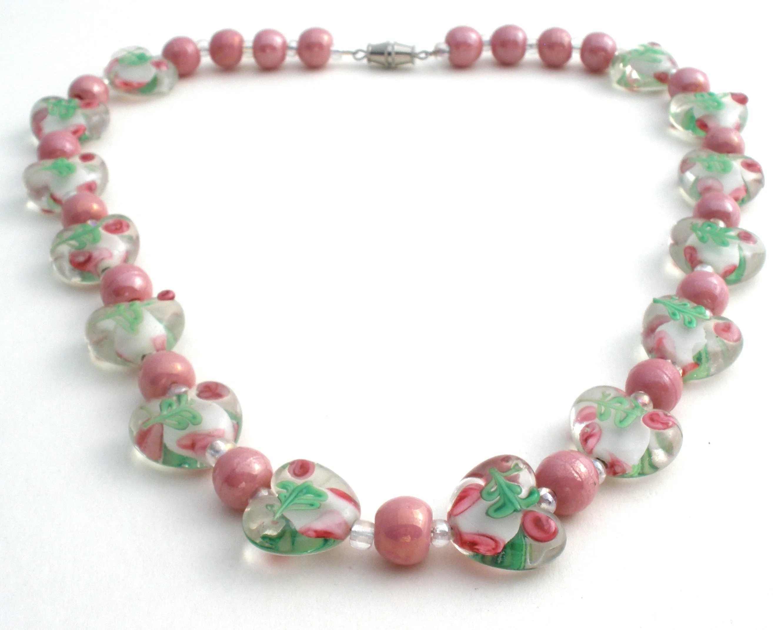 Pink Murano Lampwork Rose Heart Glass Bead Necklace