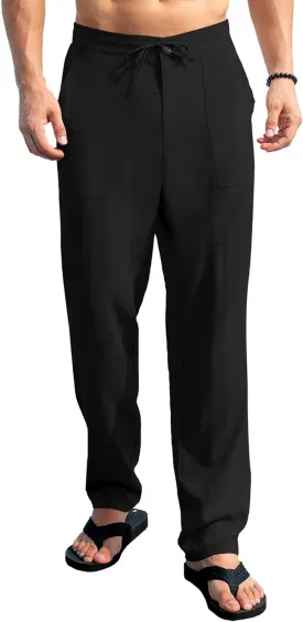 SEVEGO Mens Casual Linen Pants 30''/32''/34''/36'' Elastic Waist Drawstring Straight-Legs Summer Beach Loose Fit Trouser