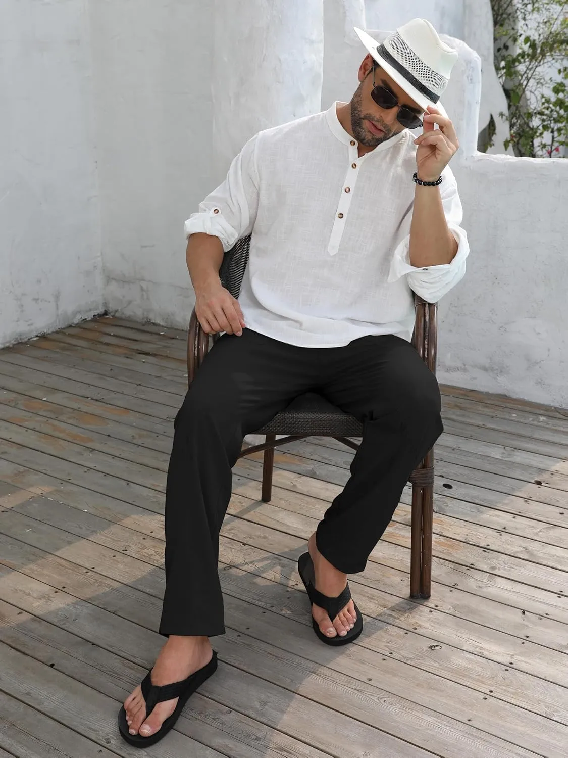 SEVEGO Mens Casual Linen Pants 30''/32''/34''/36'' Elastic Waist Drawstring Straight-Legs Summer Beach Loose Fit Trouser
