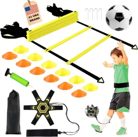 Soccer Agility Training Equipment  Speed Agility Training Set with 20ft Agility Ladder, 12 Cones, Solo Soccer Trainer and Ball  Soccer Accessories for Training Indoor, Outdoor