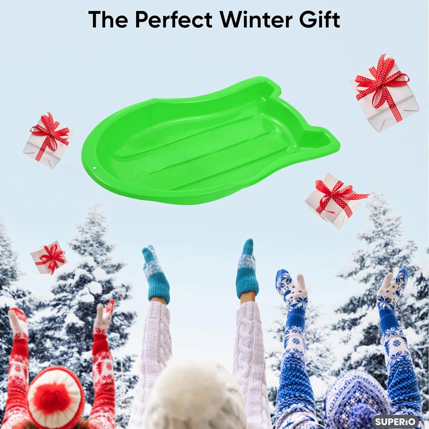 Superio Toboggan Snow Sled- 37 Plastic Slider for Kids and Adults- Heavy Duty Sled for 1 Rider with Pull Ropes for Downhill Sledding, Winter Outdoor Sports