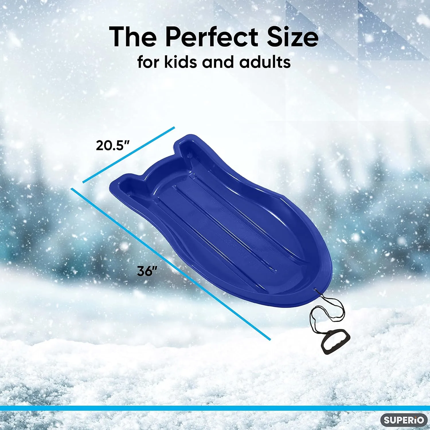 Superio Toboggan Snow Sled- 37 Plastic Slider for Kids and Adults- Heavy Duty Sled for 1 Rider with Pull Ropes for Downhill Sledding, Winter Outdoor Sports