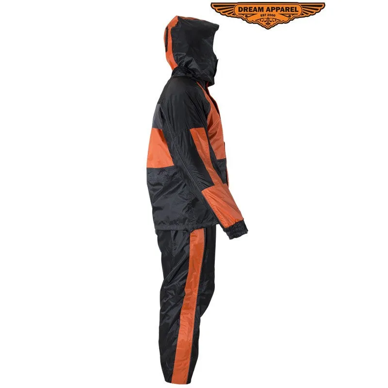 Two-Piece Black & Orange Rain Suit With Zippered Side Seams