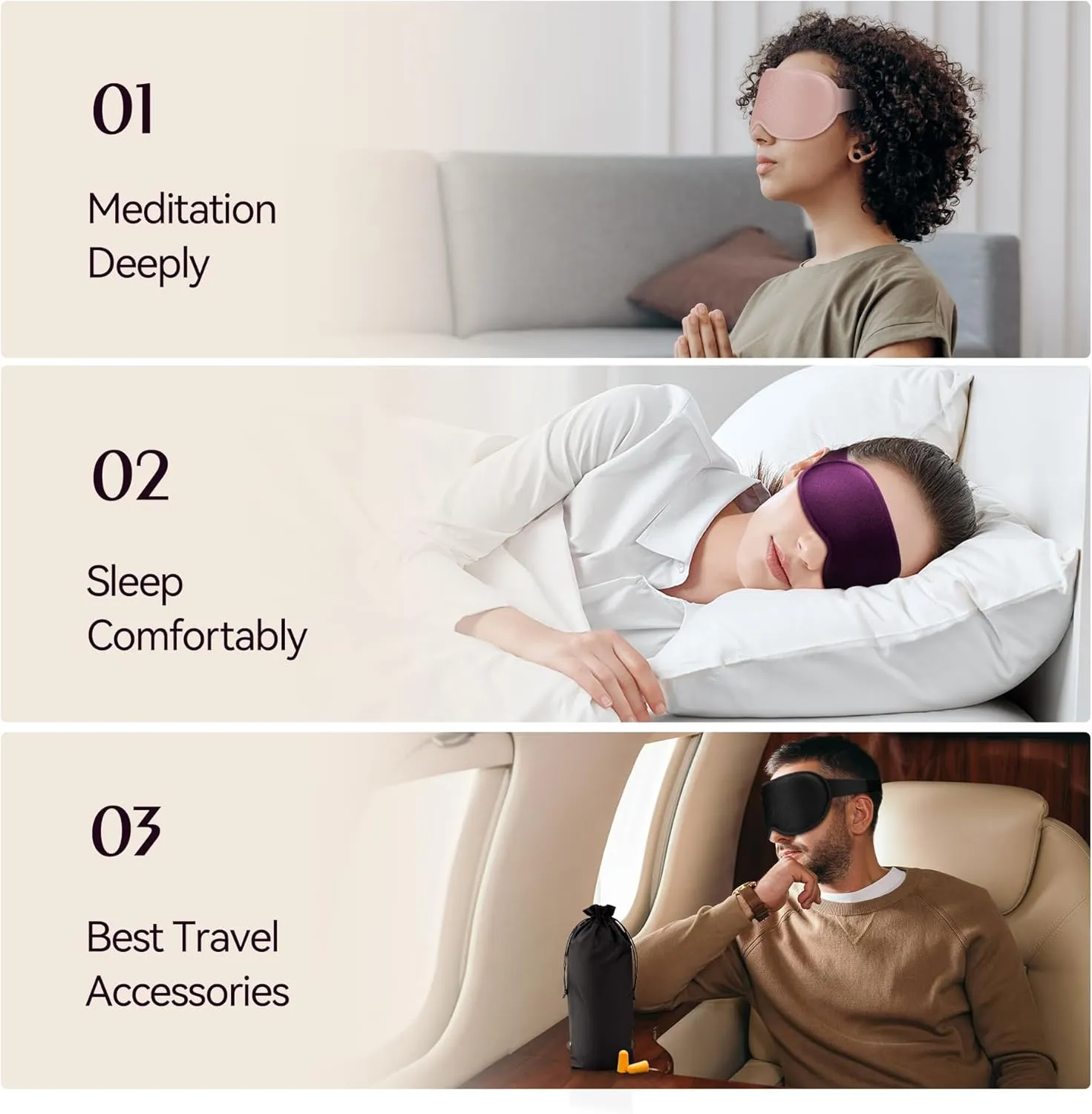 Weighted Sleep Mask 2 Pack - 3D Contoured Eye Masks for Sleep, Best Blackout Sleep Masks for Women Men, Eye Mask for Travel, Meditation, Airplane, Memory Foam, Adjustable Strap, Black Purple