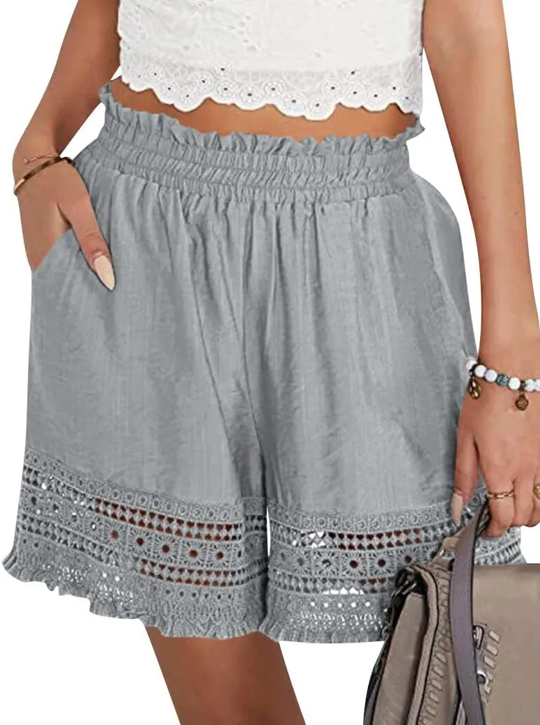 Women's Casual Elastic Waist Yoga Lounge Shorts - Comfy Stretch Lace Trim Summer Beach Linen Ruffle Shorts