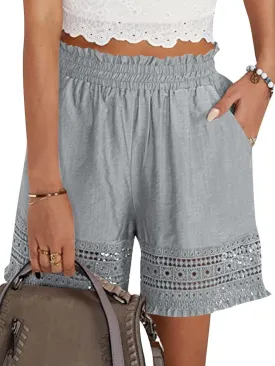 Women's Casual Elastic Waist Yoga Lounge Shorts - Comfy Stretch Lace Trim Summer Beach Linen Ruffle Shorts