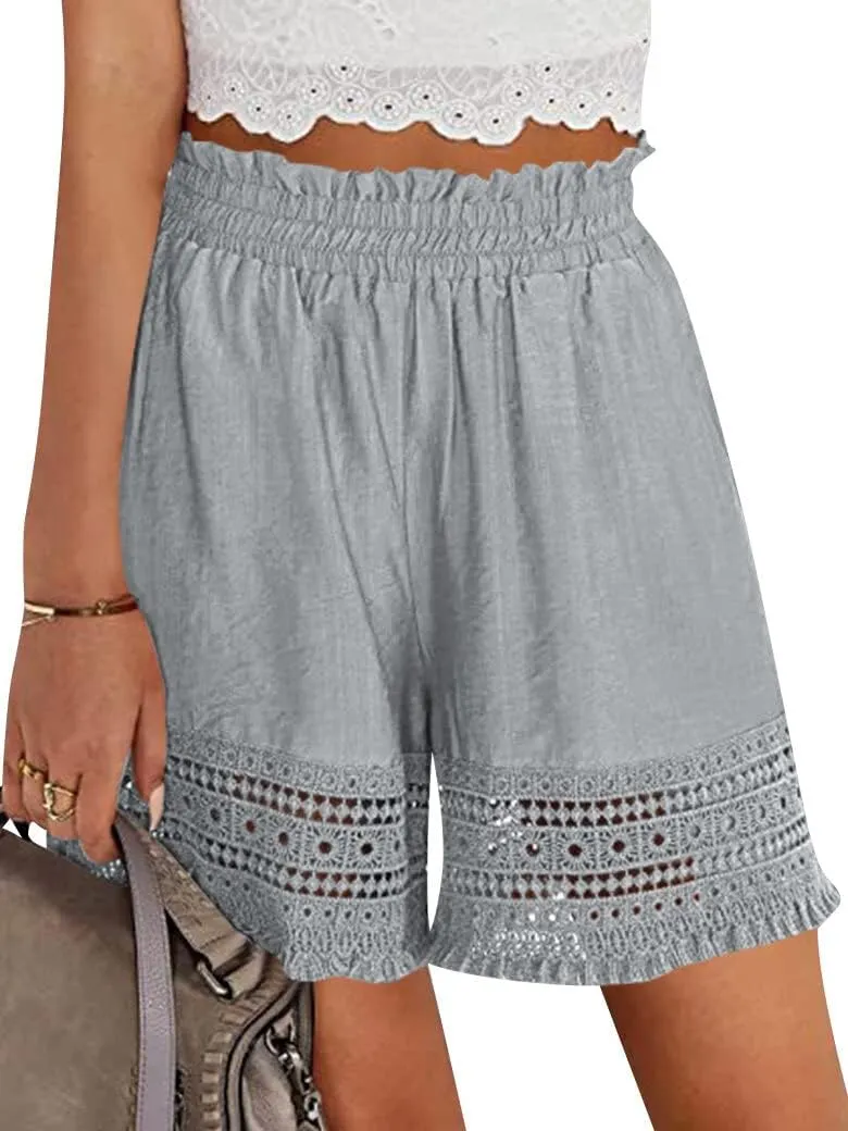 Women's Casual Elastic Waist Yoga Lounge Shorts - Comfy Stretch Lace Trim Summer Beach Linen Ruffle Shorts
