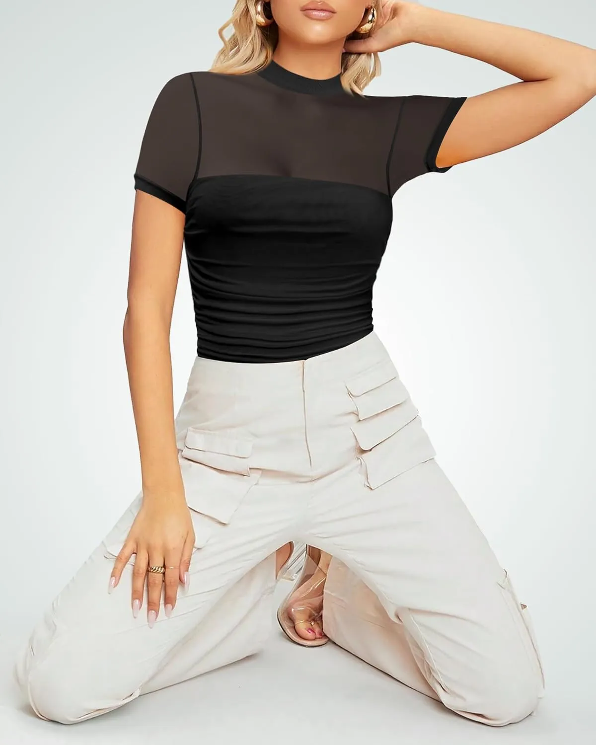 Women's Mesh Sexy Mock TurtleNeck Bodysuits Short Sleeve Shirt Ruched Sheer Body suit Summer Trendy Going Out Tops