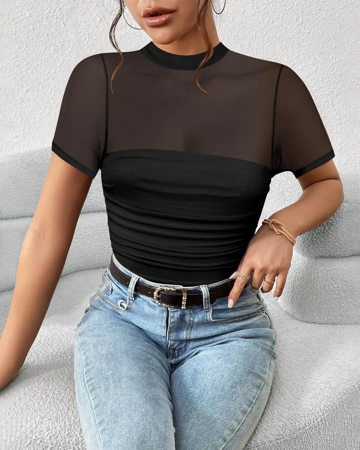 Women's Mesh Sexy Mock TurtleNeck Bodysuits Short Sleeve Shirt Ruched Sheer Body suit Summer Trendy Going Out Tops