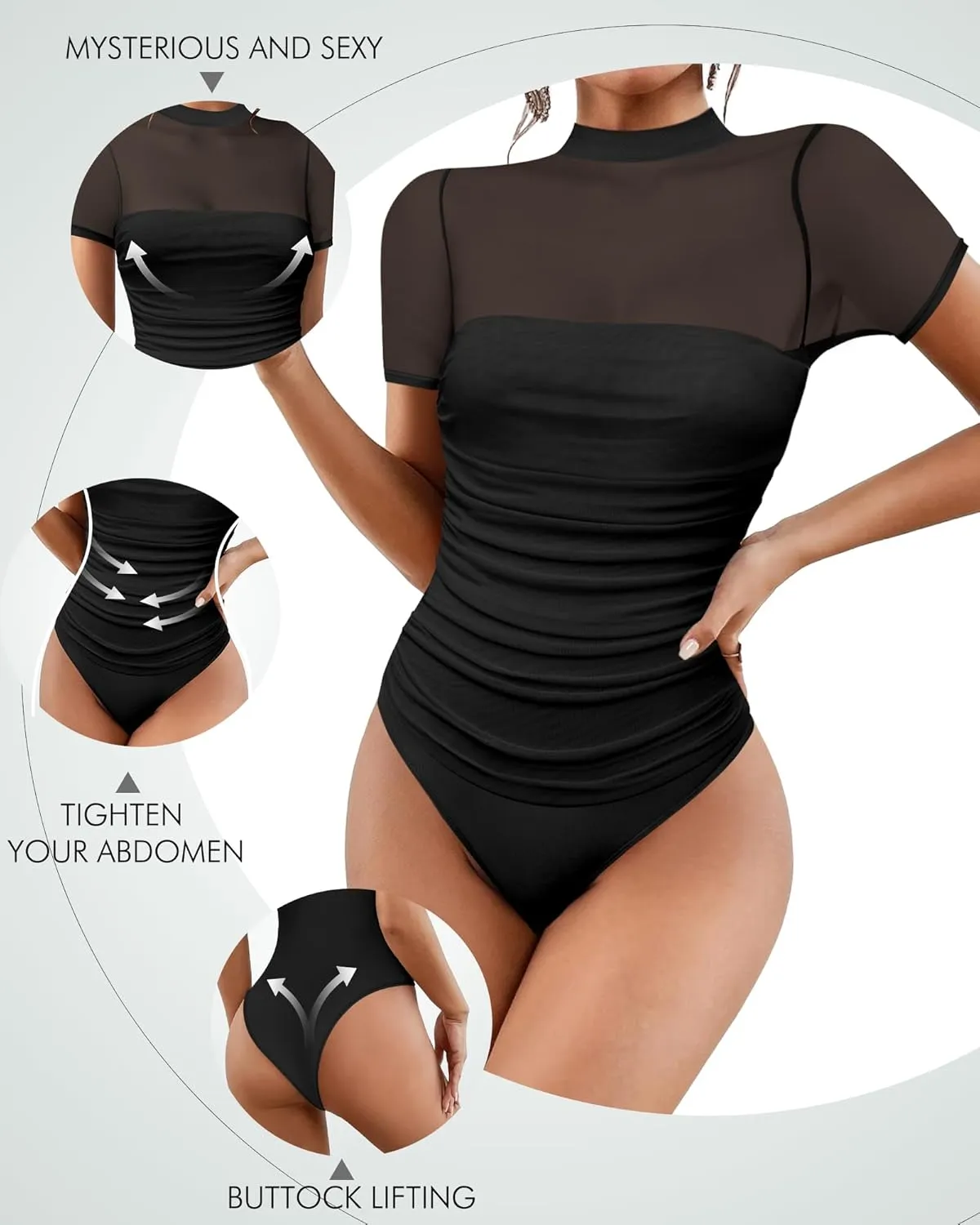 Women's Mesh Sexy Mock TurtleNeck Bodysuits Short Sleeve Shirt Ruched Sheer Body suit Summer Trendy Going Out Tops