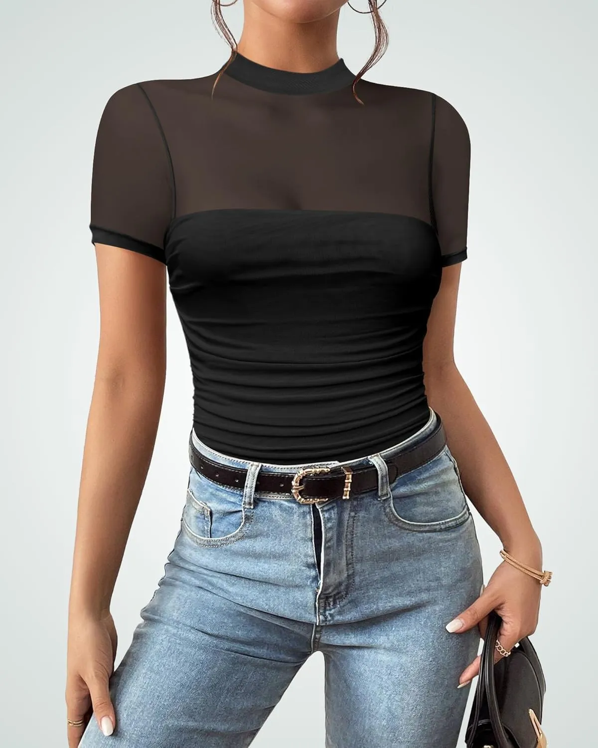 Women's Mesh Sexy Mock TurtleNeck Bodysuits Short Sleeve Shirt Ruched Sheer Body suit Summer Trendy Going Out Tops
