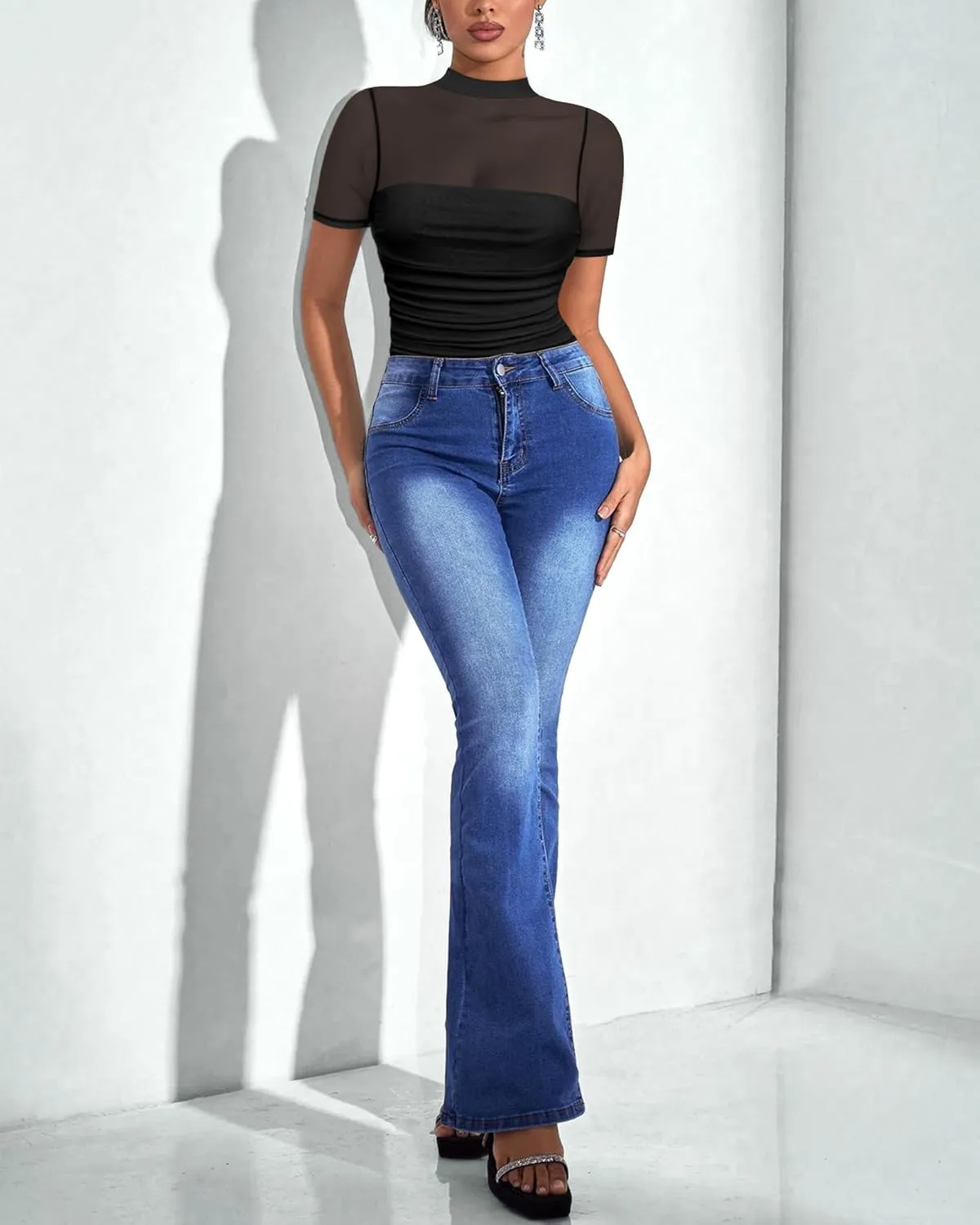 Women's Mesh Sexy Mock TurtleNeck Bodysuits Short Sleeve Shirt Ruched Sheer Body suit Summer Trendy Going Out Tops