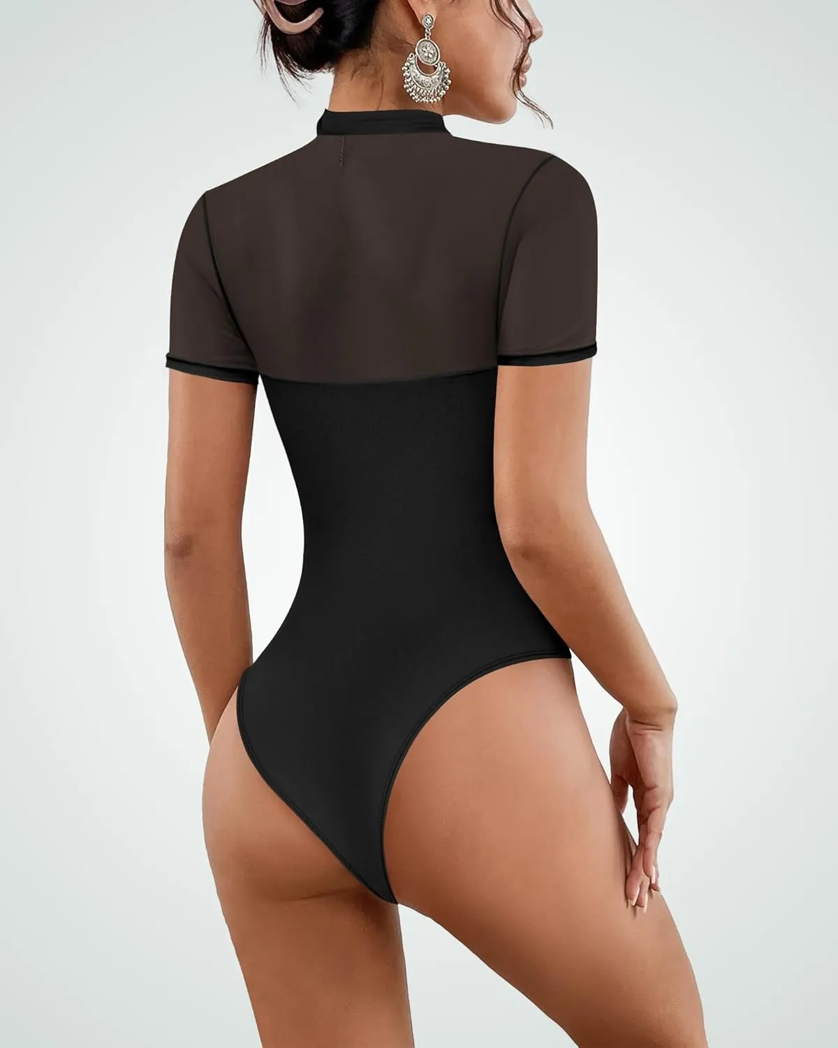 Women's Mesh Sexy Mock TurtleNeck Bodysuits Short Sleeve Shirt Ruched Sheer Body suit Summer Trendy Going Out Tops