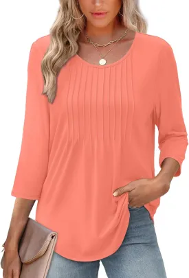 XIEERDUO 3/4 Length Sleeve Tops for Women 2025 Crewneck Casual Pleated Tunic Tops Loose Fit Shirts Blouses