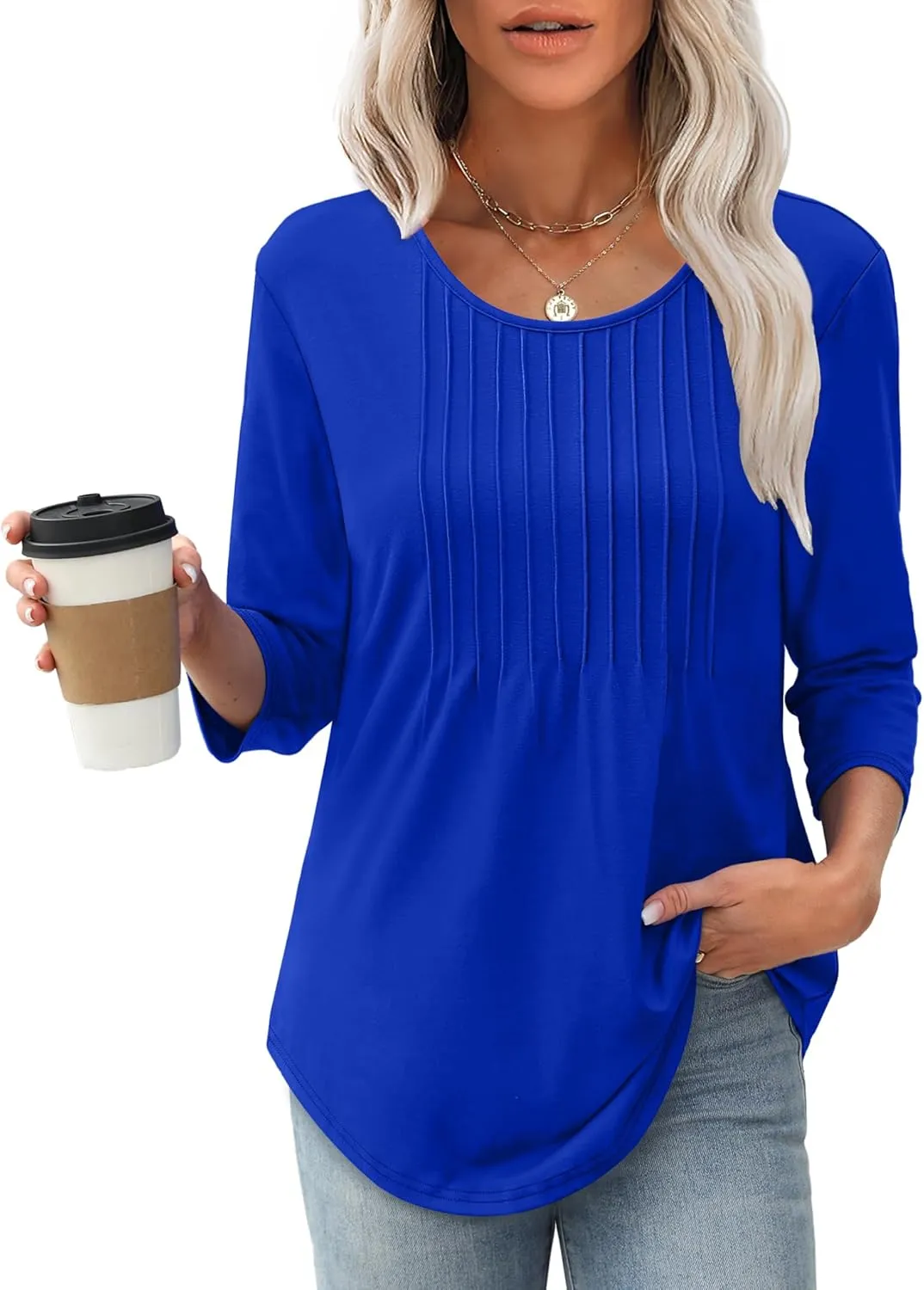 XIEERDUO 3/4 Length Sleeve Tops for Women 2025 Crewneck Casual Pleated Tunic Tops Loose Fit Shirts Blouses