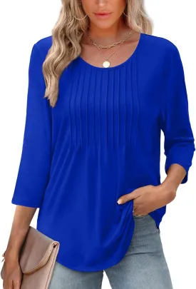 XIEERDUO 3/4 Length Sleeve Tops for Women 2025 Crewneck Casual Pleated Tunic Tops Loose Fit Shirts Blouses