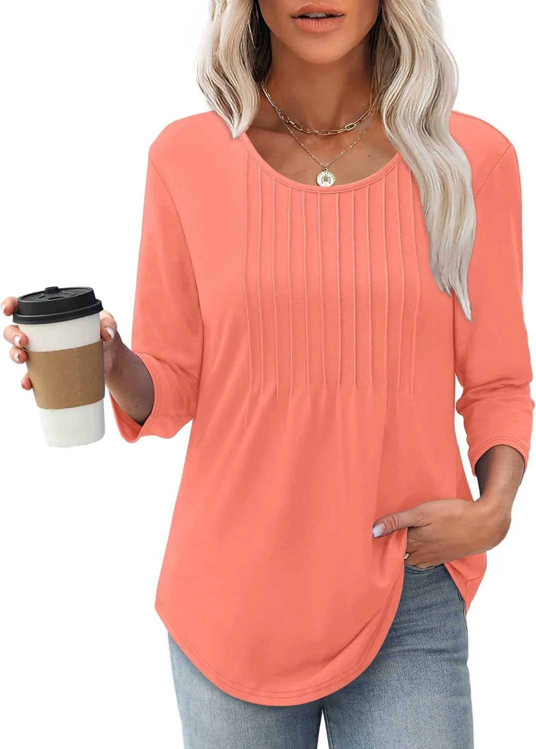 XIEERDUO 3/4 Length Sleeve Tops for Women 2025 Crewneck Casual Pleated Tunic Tops Loose Fit Shirts Blouses