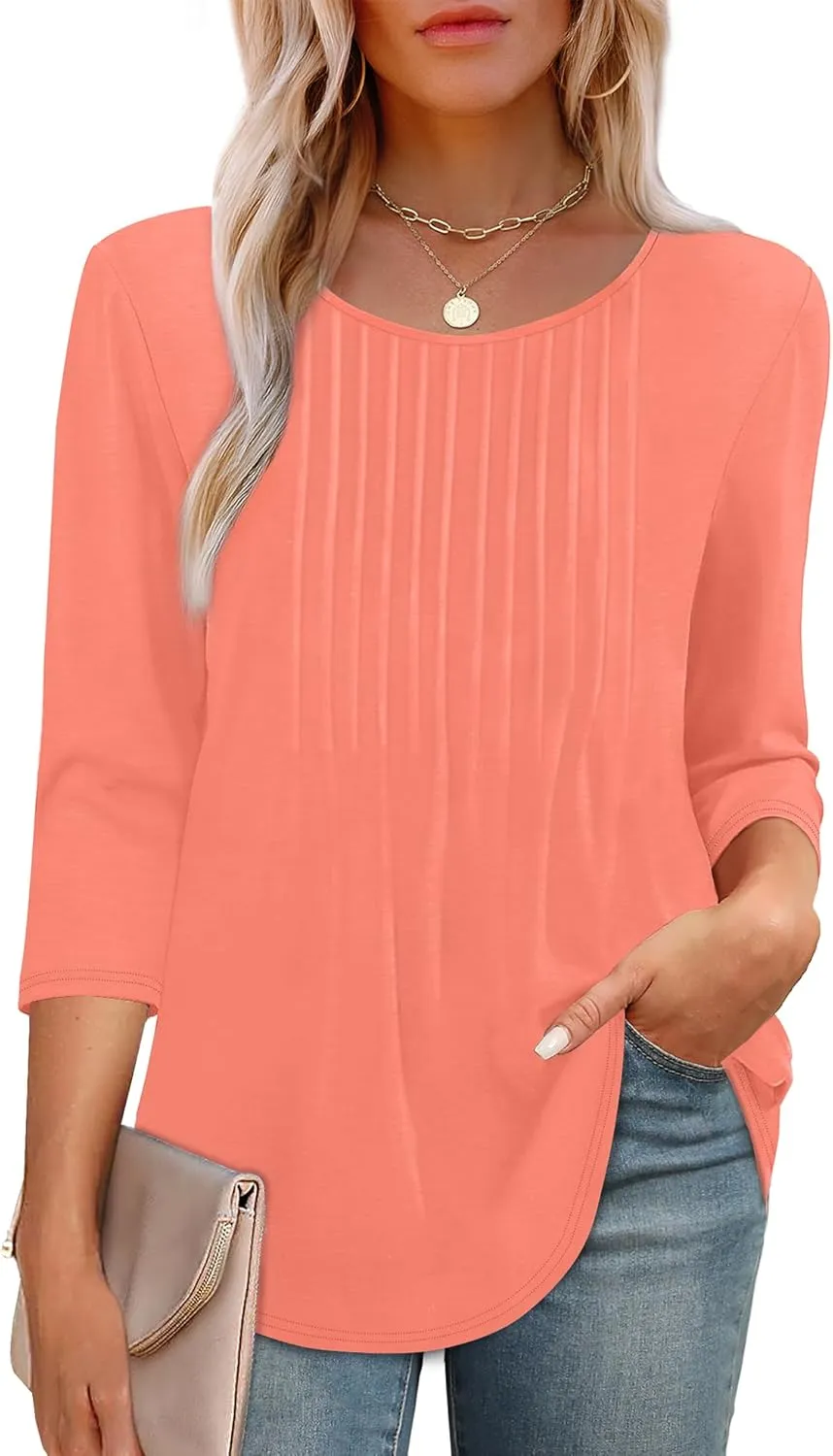 XIEERDUO 3/4 Length Sleeve Tops for Women 2025 Crewneck Casual Pleated Tunic Tops Loose Fit Shirts Blouses