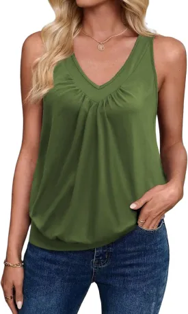 Zeagoo Womens Tank Tops Loose Fit V Neck Ruched Sleeveless Tops Casual Basic Banded Shirts S-XXL